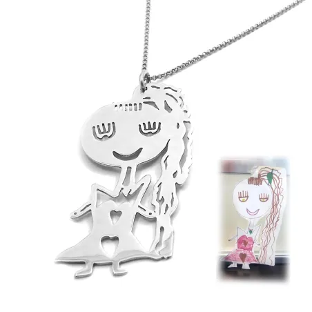 Silver platinum plated necklace with your kids drawing