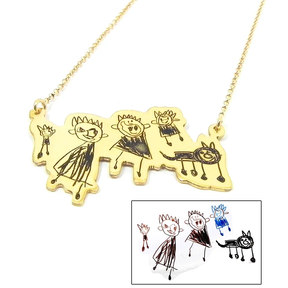 Silver gold plated necklace with your kids drawing engraved Silver gold plated necklace with your kids drawing engraved