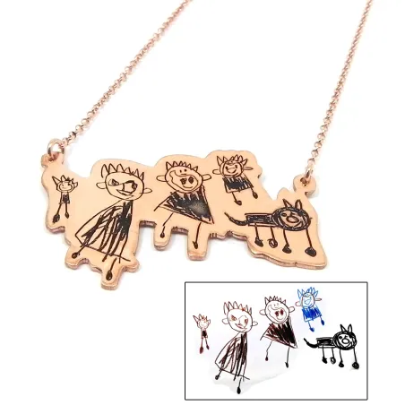 Silver rose gold plated necklace with your kids drawing engraved