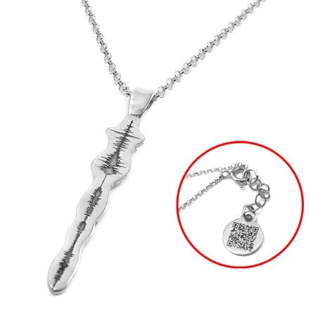 Silver platinum plated soundwave necklace and QRcode on chain end, stainless steel chain