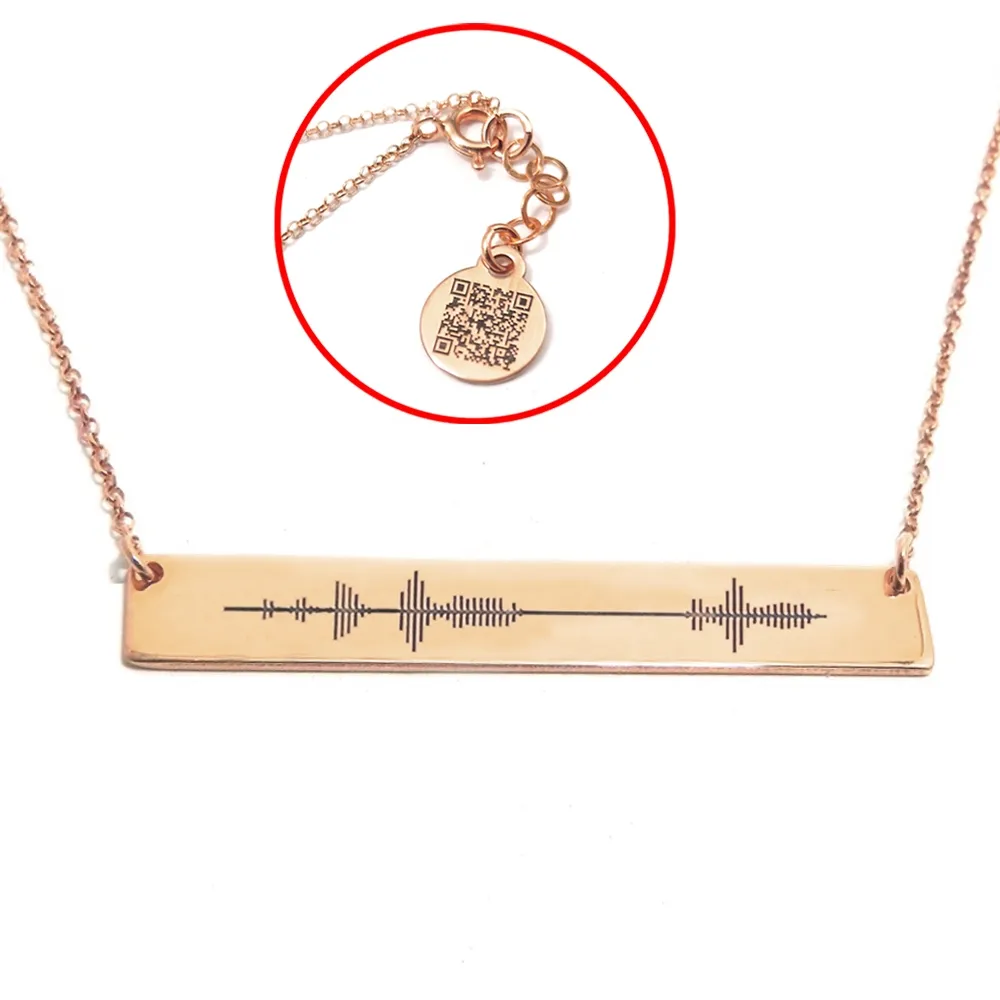 Silver rose gold plated soundwave necklace and QRcode on chain end, stainless steel chain