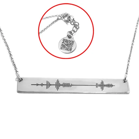 Silver platinum plated soundwave necklace and QRcode on chain end, stainless steel chain