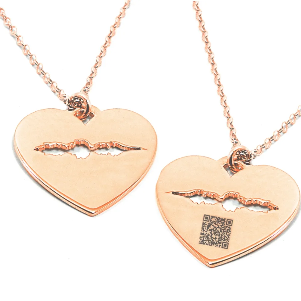 Silver rose gold plated cut soundwave heart  necklace and QRcode engraved
