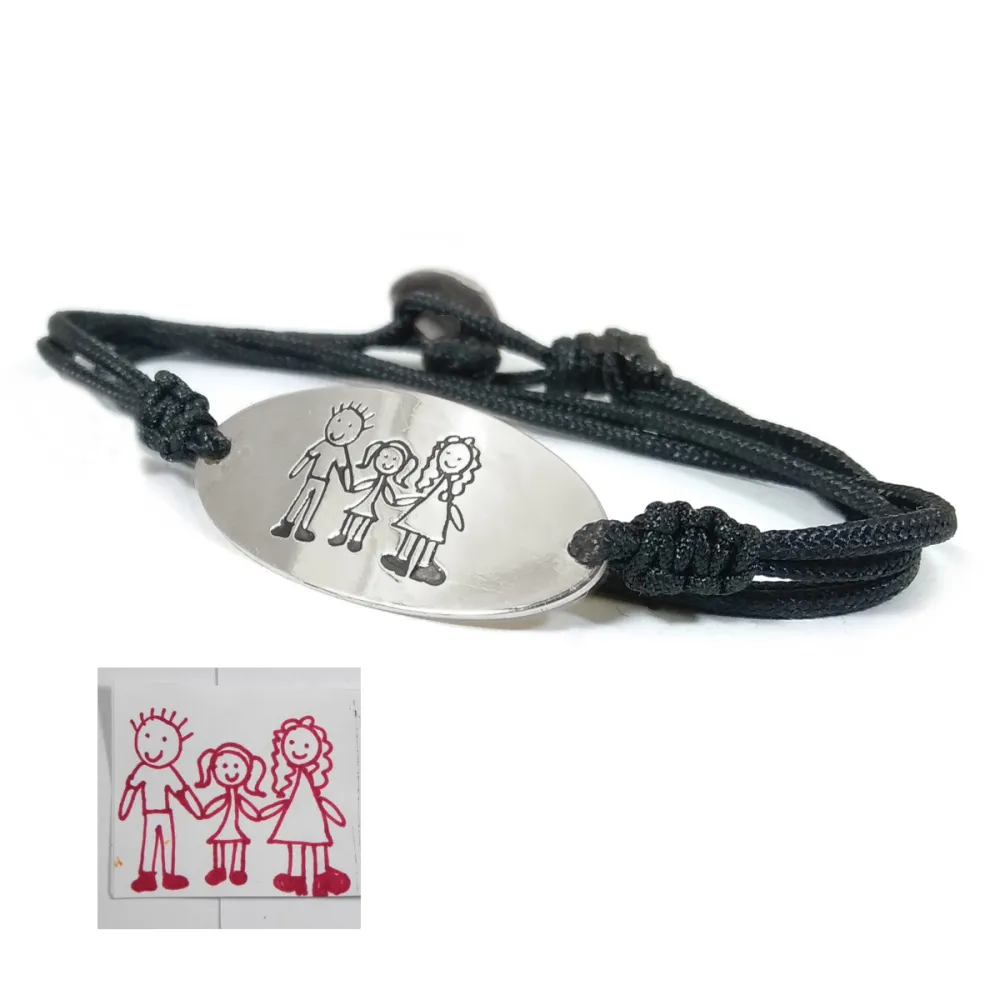 Silver platinum plated double wrapped bracelet with engraving of children's drawing with a black cord Silver platinum plated double wrapped bracelet with engraving of children's drawing with a black cord