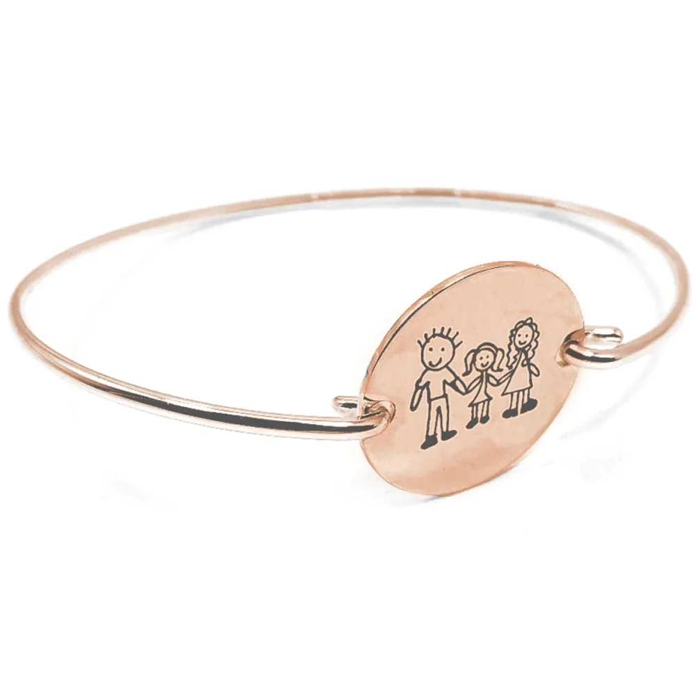 Silver rose gold plated bangle bracelet with engraving of children's drawing Silver rose gold plated bangle bracelet with engraving of children's drawing