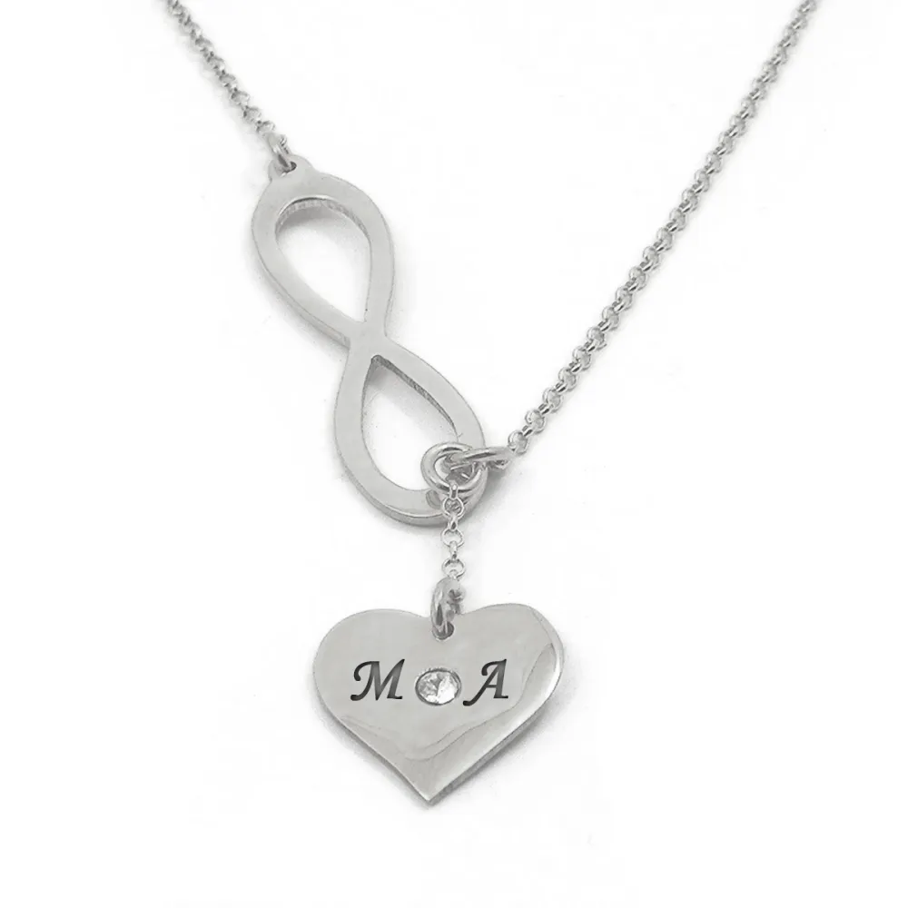 Κολιέ με άπειρο, καρδιά με 2 μονογράμματα και swarovski, επιπλατινωμένο