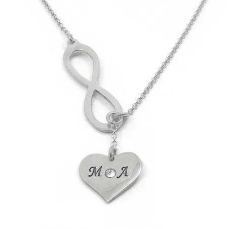 Κολιέ με άπειρο, καρδιά με 2 μονογράμματα και swarovski, επιπλατινωμένο