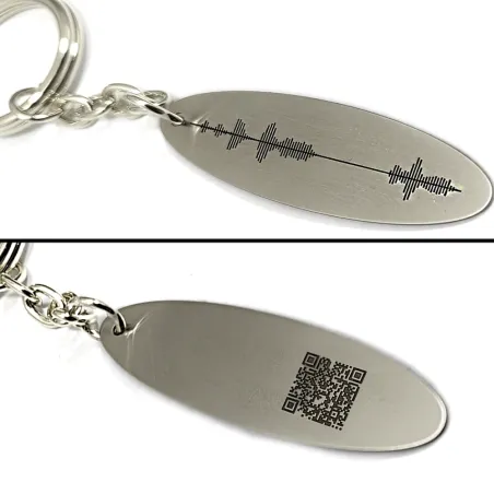 Personal soundwave keychain, nickel silver oval tag + QRcode engraved