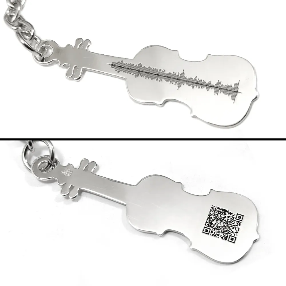 Silver violin keychain with your personal message soundwave + QRcode engraved