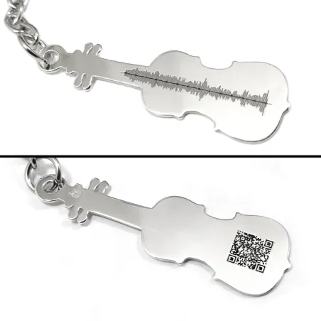 Silver violin keychain with your personal message soundwave + QRcode engraved