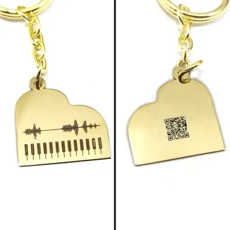 Brass piano keychain with your personal message soundwave + QRcode engraved