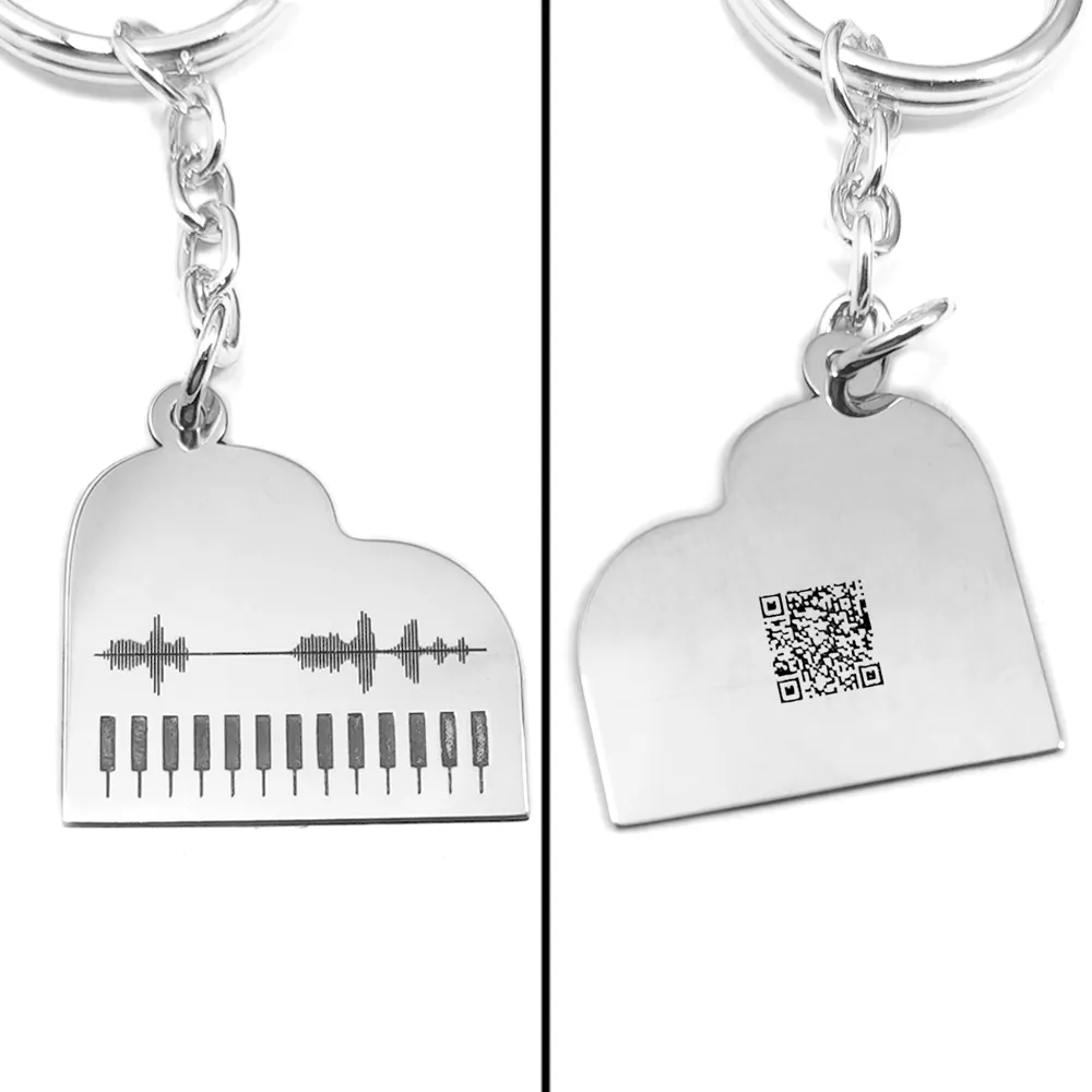 Silver piano keychain with your personal message soundwave + QRcode engraved