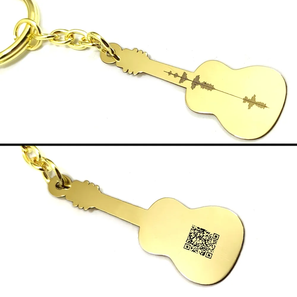 Brass guitar keychain with your personal message soundwave + QRcode engraved Brass guitar keychain with your personal message soundwave + QRcode engraved