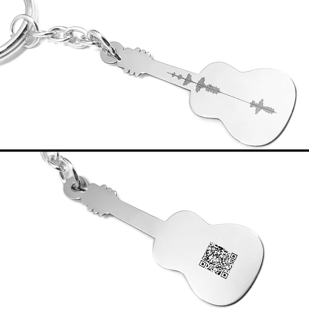Silver guitar keychain with your personal message soundwave + QRcode engraved Silver guitar keychain with your personal message soundwave + QRcode engraved