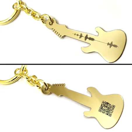Brass guitar keychain with your personal message soundwave + QRcode engraved