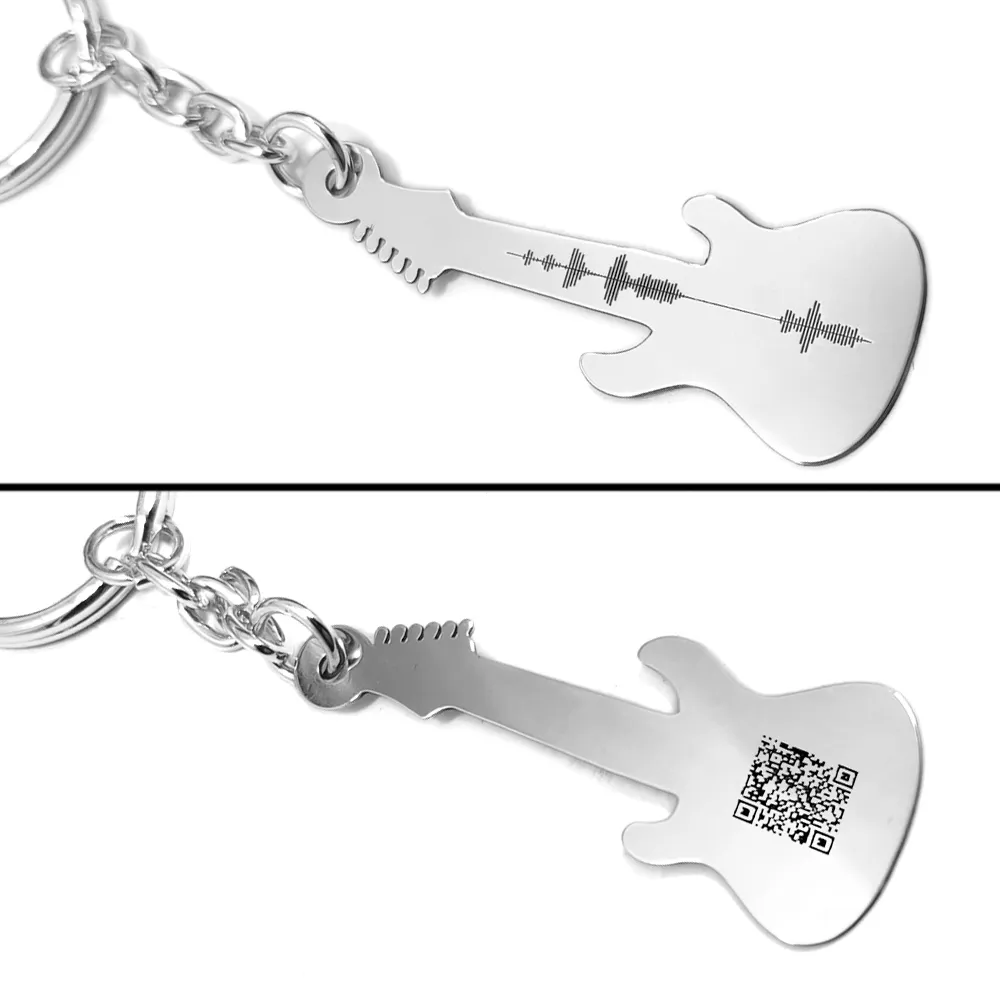 Silver guitar keychain with your personal message soundwave + QRcode engraved Silver guitar keychain with your personal message soundwave + QRcode engraved