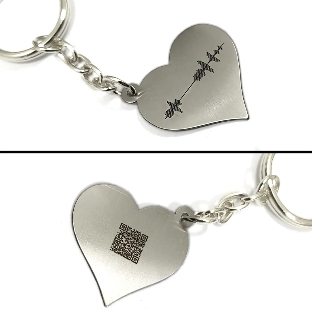 Nickel silver heart keychain with your personal message soundwave + QRcode engraved