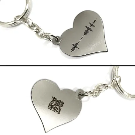 Nickel silver heart keychain with your personal message soundwave + QRcode engraved