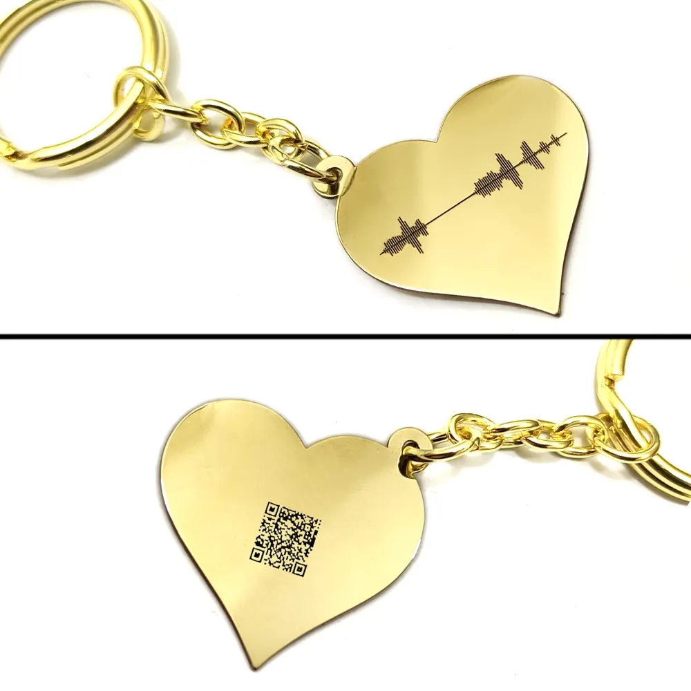 Brass heart keychain with your personal message soundwave + QRcode engraved