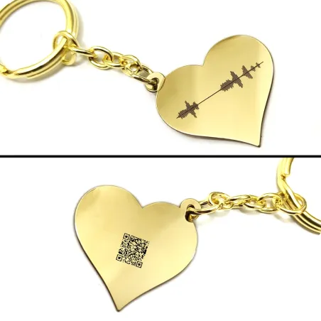 Brass heart keychain with your personal message soundwave + QRcode engraved