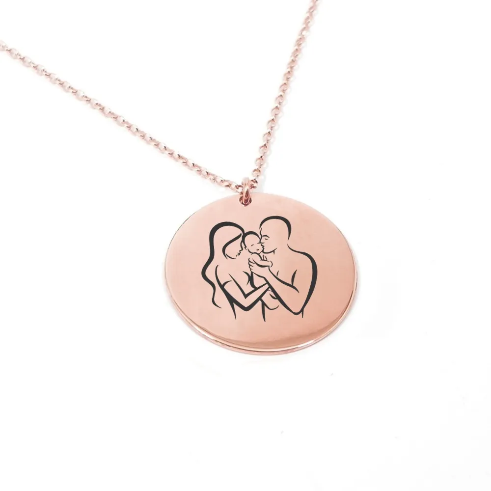 Silver rose gold plated necklace with parents holding baby in their arms