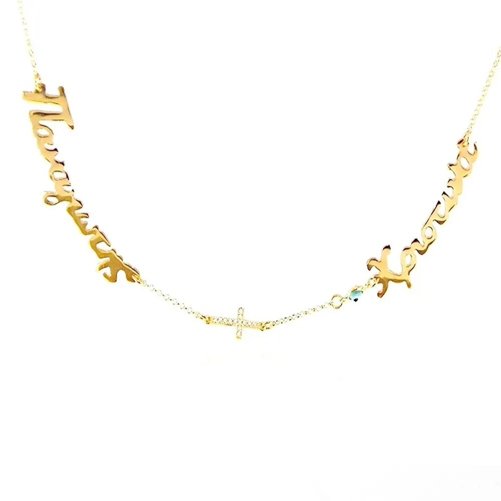 Silver gold plated necklace with 2 names, rhinestone cross and evil eye