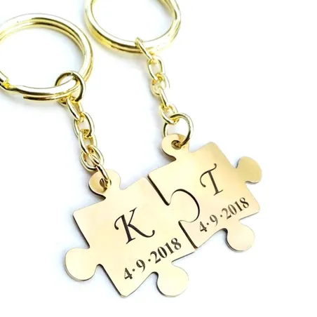 Double keyring with brass puzzle pieces with monograms and date