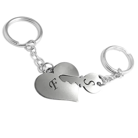 Set of 2 keychains with nickel silver heart-key and engraved monograms