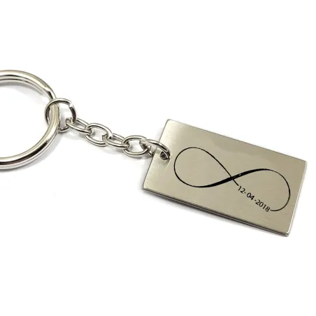 Keychain with nickel silver plate engraved with infinity and date