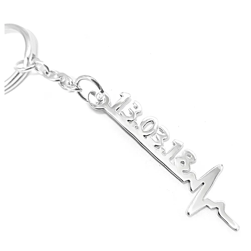 Sterling silver keychain with date on a heartbeat