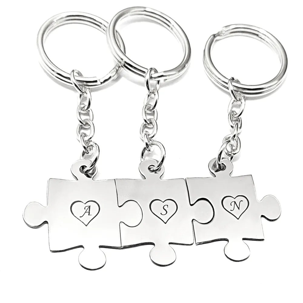 Triple keyring with sterling silver puzzle pieces with monograms
