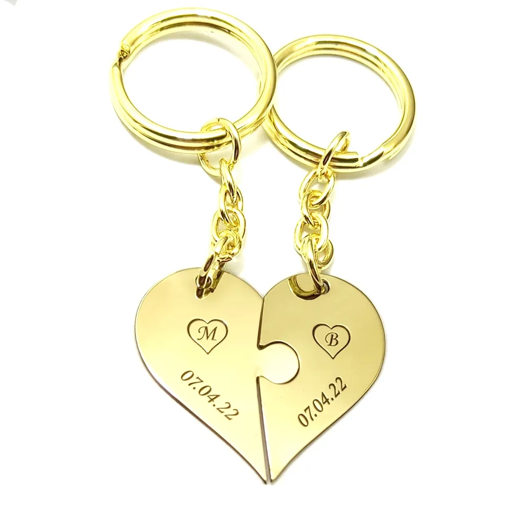 Double keyring with brass heart puzzle pieces with monograms and date