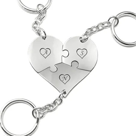 Triple keyring with sterling silver heart puzzle pieces with monograms