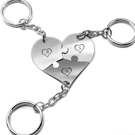 Triple keyring with nickel silverheart  puzzle pieces with monograms