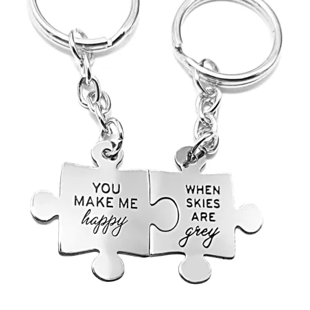 Double keyring with sterling silver puzzle pieces "You make me happy..."