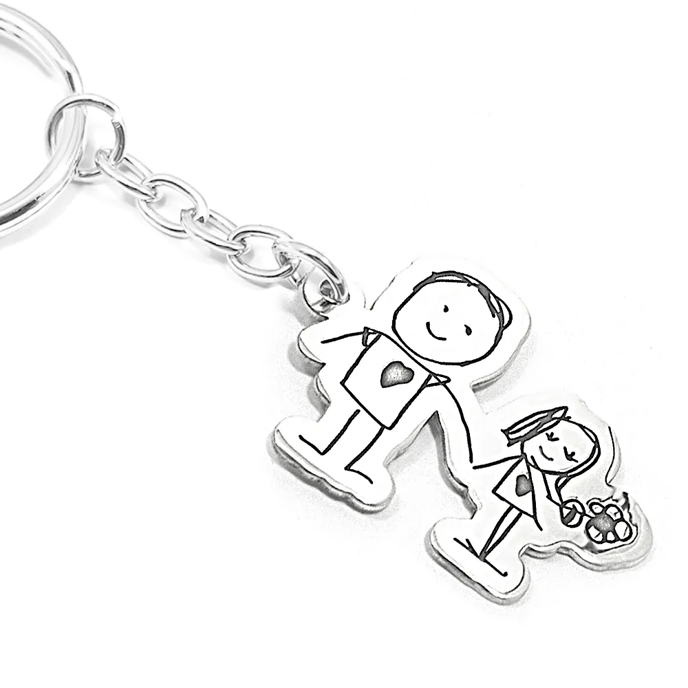 Sterling silver keychain with engraved drawing, stainless steel keyring