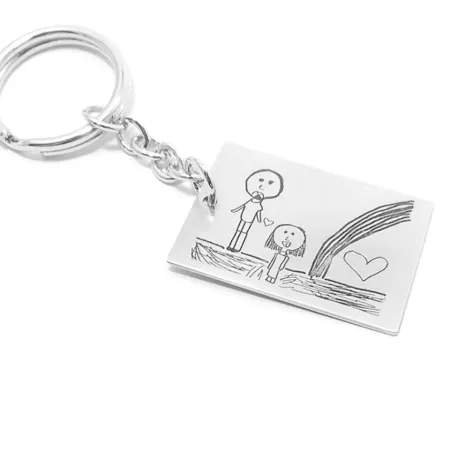 Sterling silver plate keychain with engraved drawing, stainless steel keyring