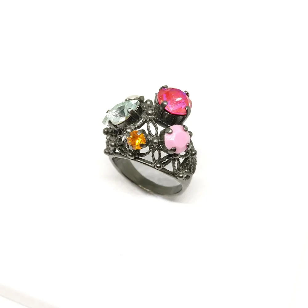 Handmade brass ring with black plating and crystals Handmade brass ring with black plating and crystals