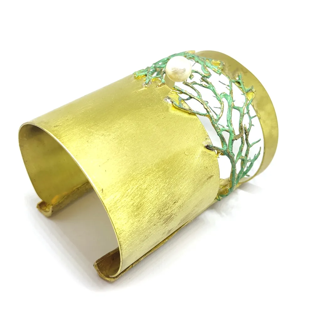 Handmade brass bracelet wide bangle with green enamel Handmade brass bracelet wide bangle with green enamel