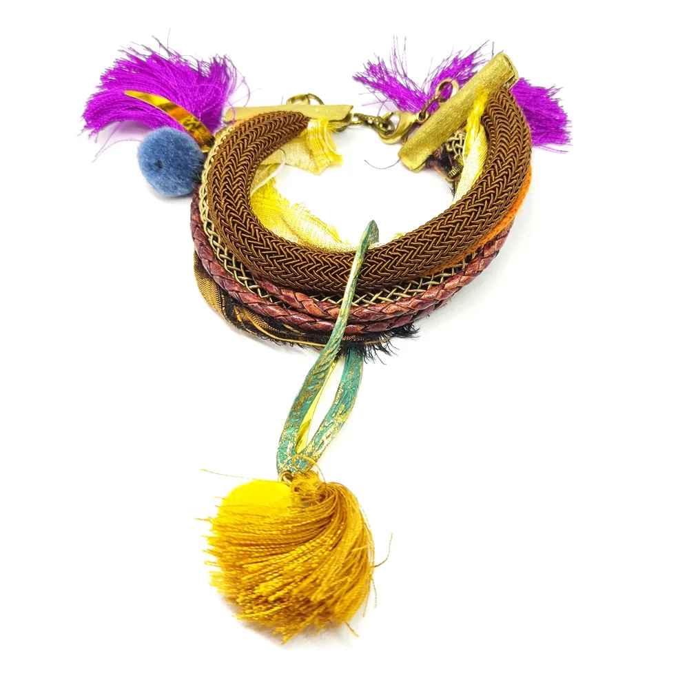 Handmade brass bracelet with cords, fabric Handmade brass bracelet with cords, fabric