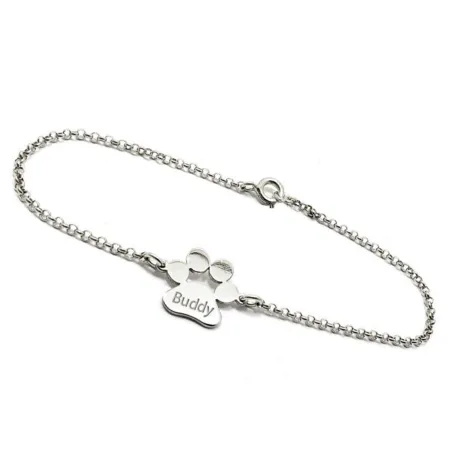 Sterling silver platinum plated dog-cat paw bracelet with engraved name of your favorite pet
