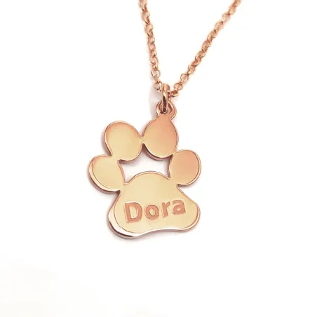 Sterling silver platinum plated dog-cat paw necklace with engraved name of your favorite pet