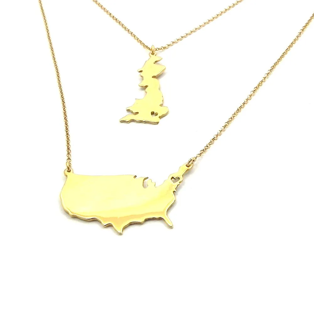 Sterling silver gold plated necklace with 2 maps of your favorite countries or regions
