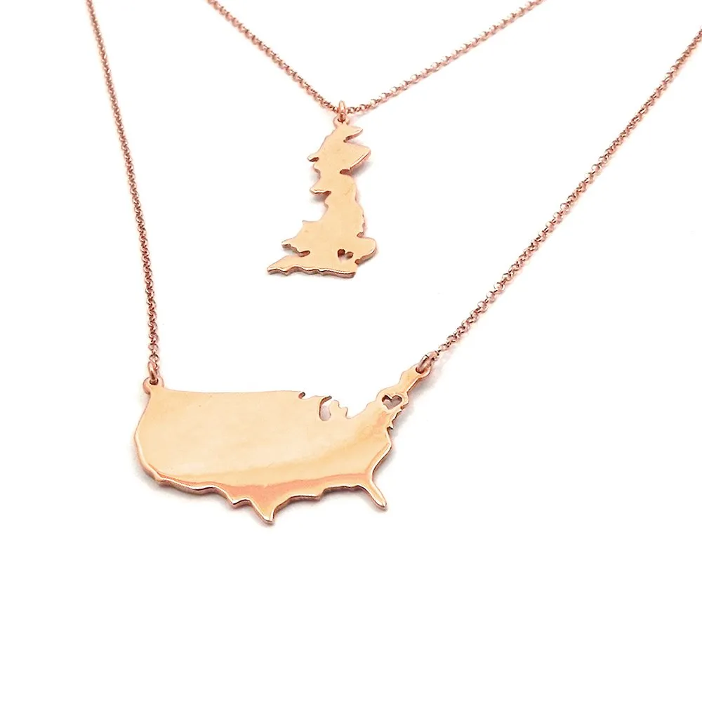 Sterling silver rose gold plated necklace with 2 maps of your favorite countries or regions Sterling silver rose gold plated necklace with 2 maps of your favorite countries or regions