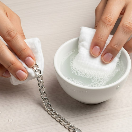 Cleaning a sterling silver bracelet with a soft cloth and soapy water