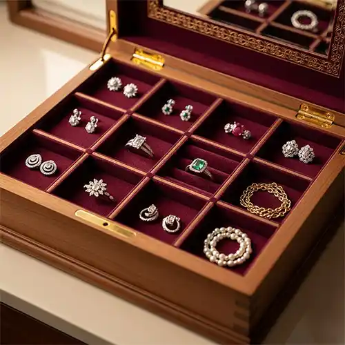 open jewelry case with lots of small compartments for jewelry