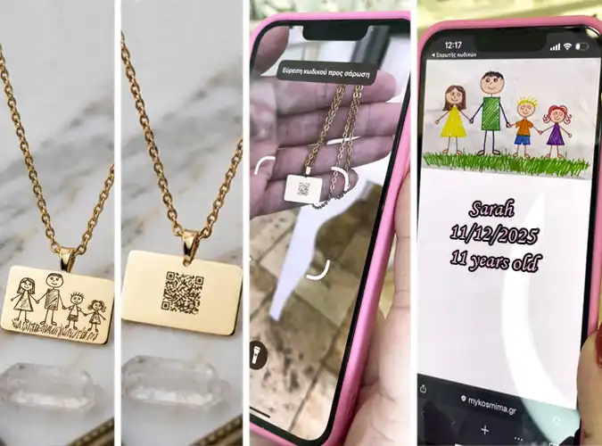 Gold necklace with engraved child's drawing