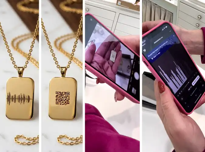 Χρυσό κολιέ με χάραξη κυματομορφής και QR code