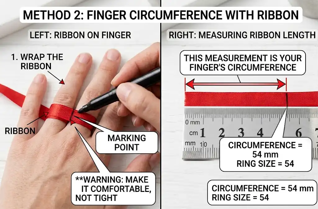 Measuring finger circumference with a ribbon